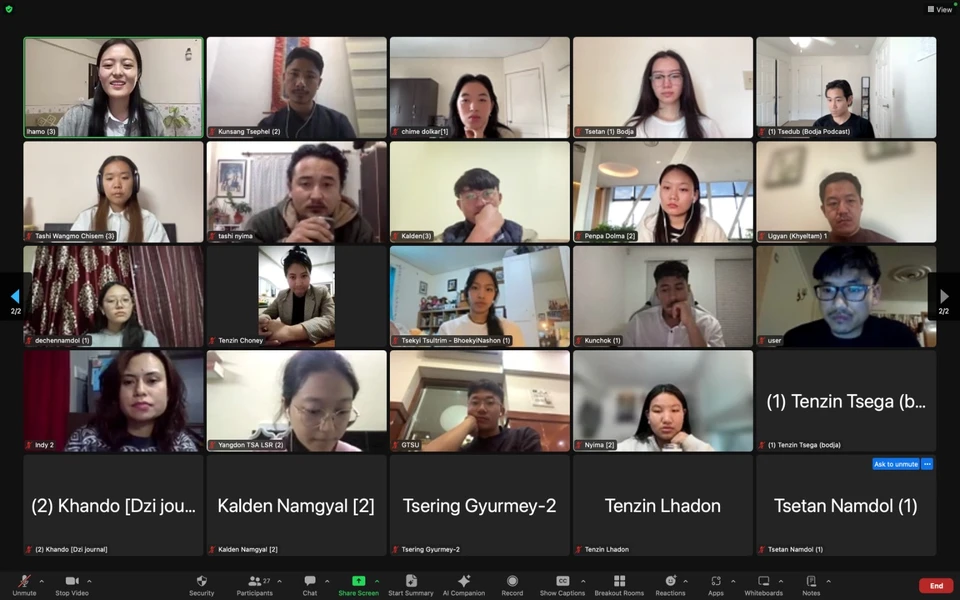 A grid of Tibetan youth joining an online About Me Podcast community call.